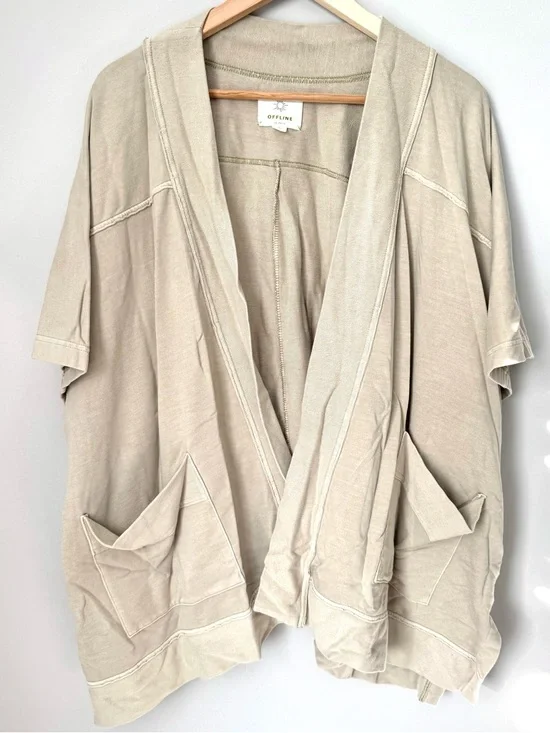 OFFLINE by Aerie Tan Oversized Open Short Sleeve Cardigan Jacket with Pockets - Picture 1 of 3